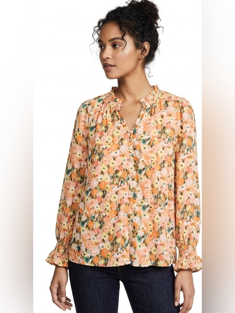 Entro Women’s Floral Smocked Neckline & Sleeves Orange/Green Blouse SZ S